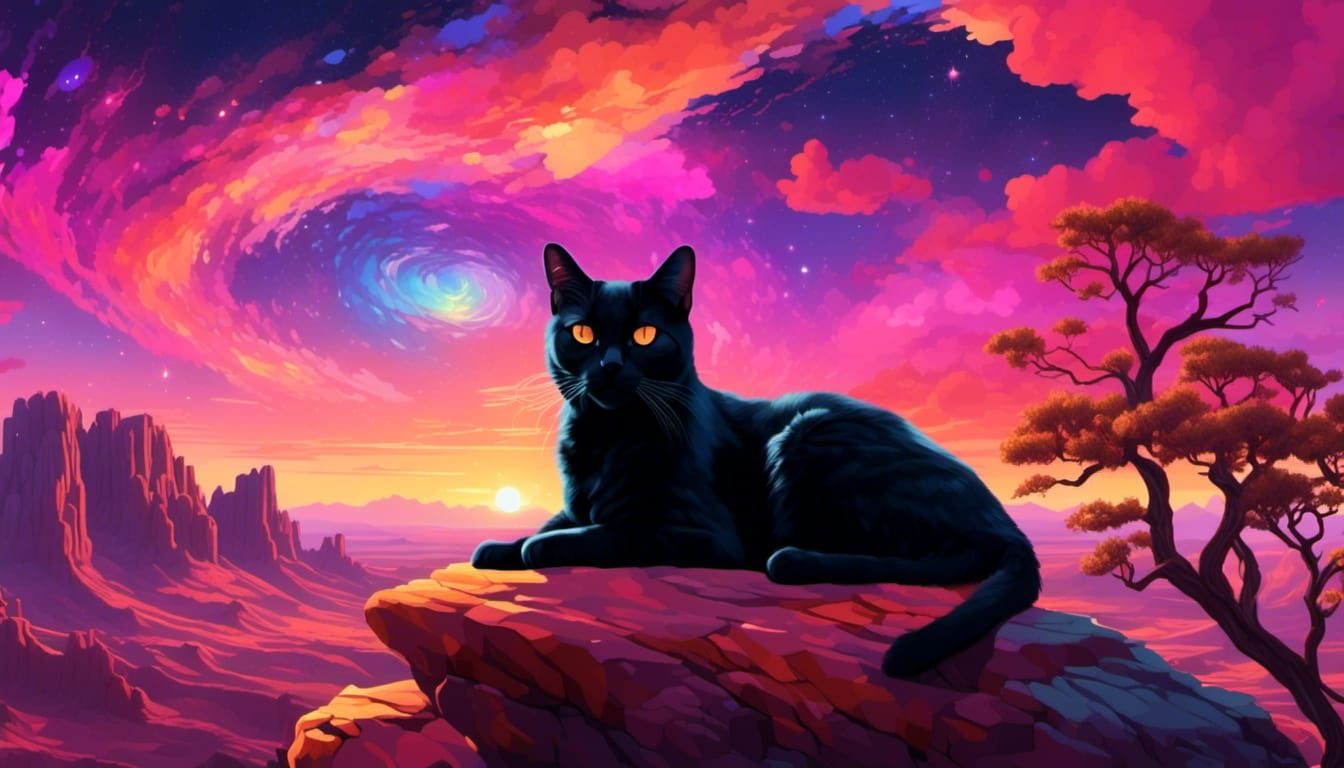 Black Cat Gazing at Psychedelic Desert Sunset