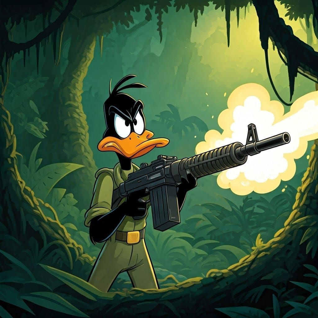 Duck Dodgers Fires M249 in Jungle Cartoon