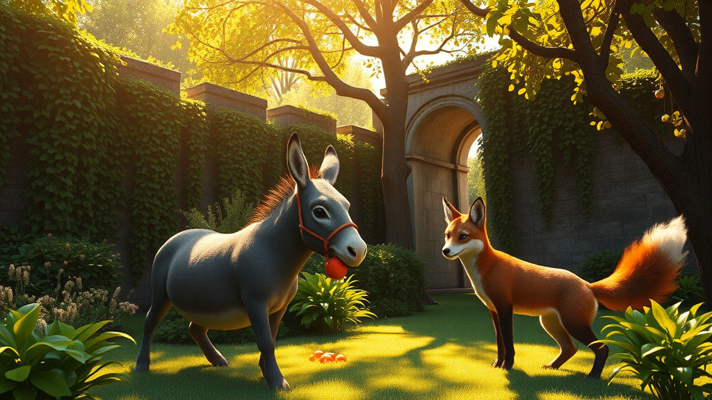 Donkey's Fruit Feast in Lush Garden