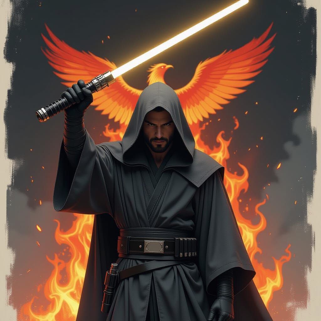 Jedi with Lightsaber and Phoenix in Digital Painting Style