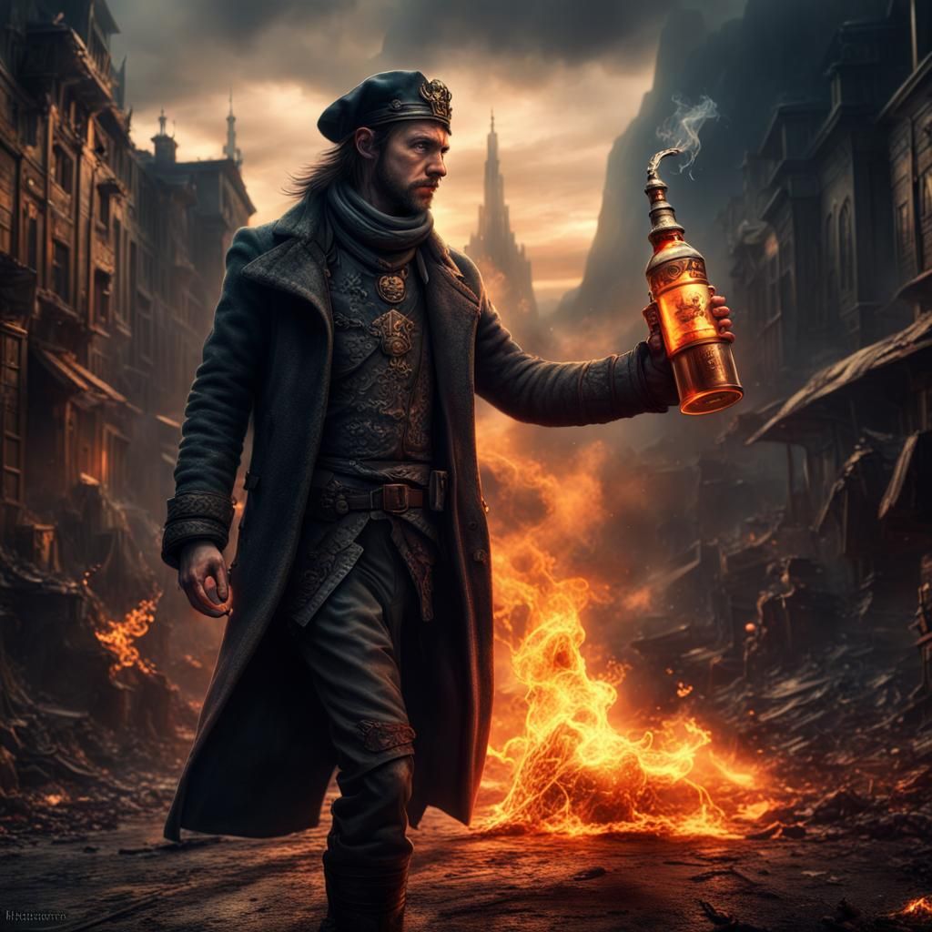 Dark Fantasy Character Throws Molotov Cocktail