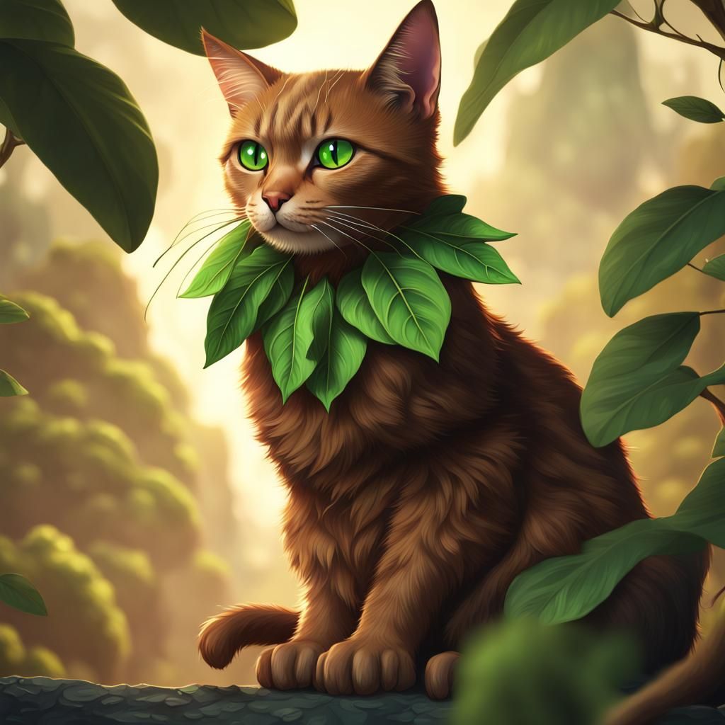 Tan Brown Cat with Leaf Collar, Detailed Matte Painting