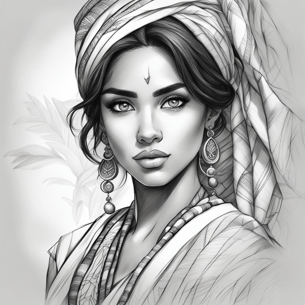 Anime Latina Woman: Detailed Black and White Pencil Sketch