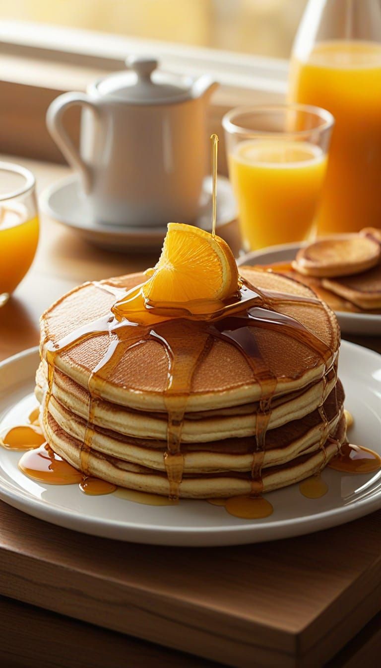 Appetizing Breakfast Tray with Pancakes and Orange Juice