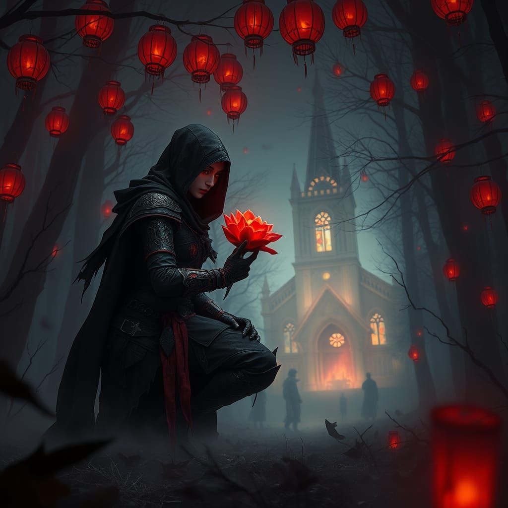 Dark Fantasy Assassin in a Haunting Forest