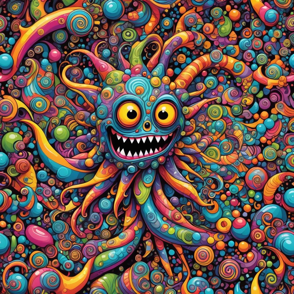Candy Monster in Psychedelic Fractal Landscape