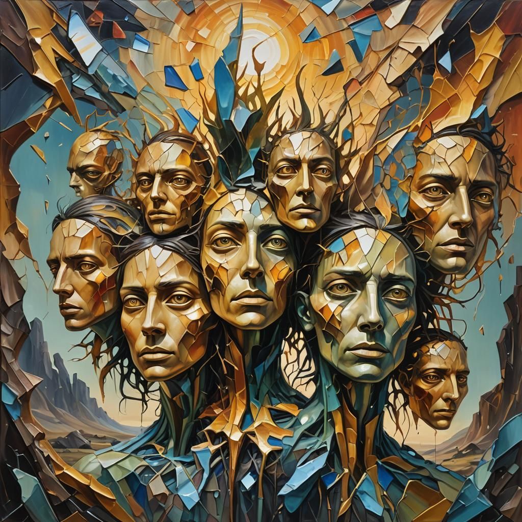 Surreal Fragmented Creature in Dreamlike Landscape