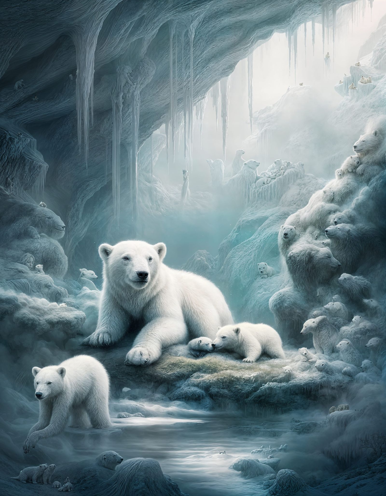 Dreamlike Polar Bears in Mystical Jungle Cave