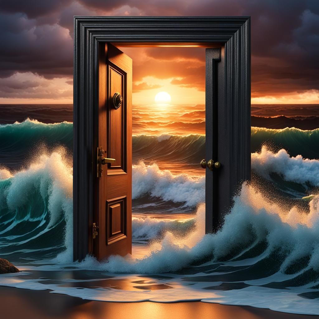 an open door on a stormy ocean waves  in front of the  sunset"