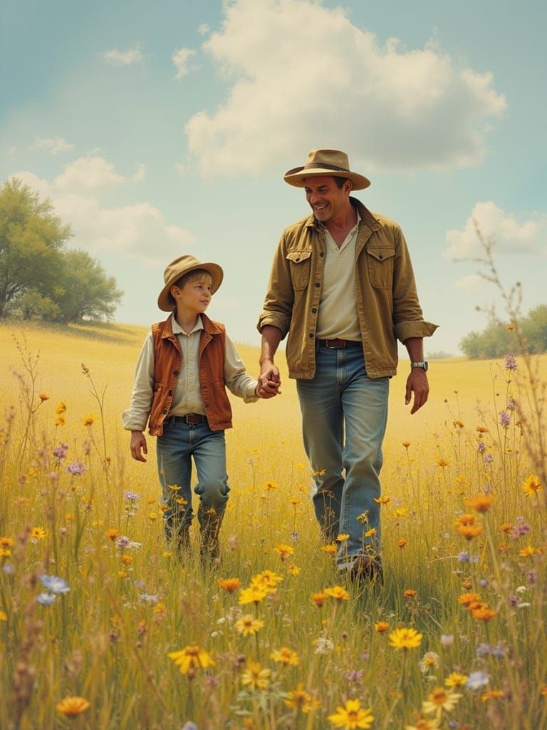 Father and Son Stroll in Rockwell Style Meadow
