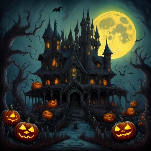 Scary Haunted House with Pumpkins and Bats