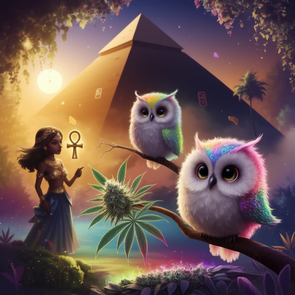 Whimsical Sunset Scene with Owls, Pyramid, and Mystical Fore...