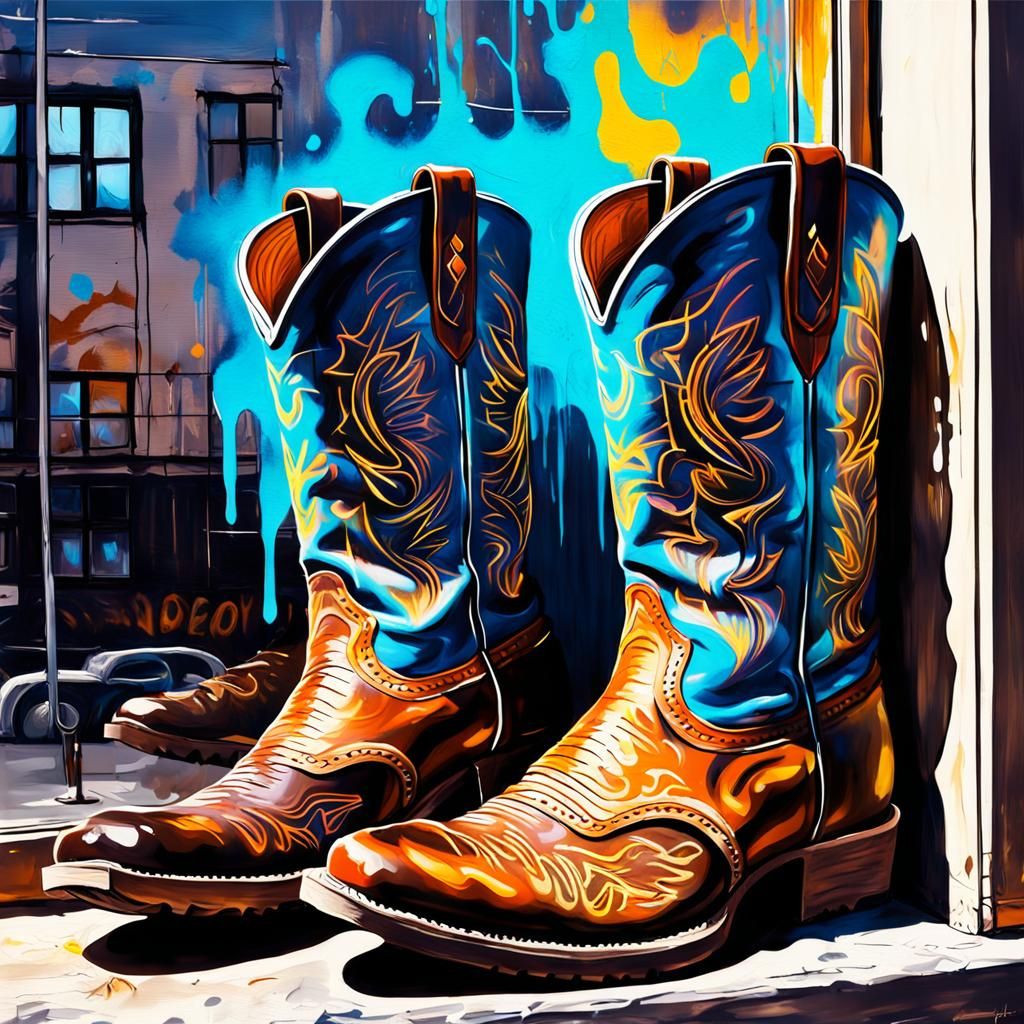 Brown Cowboy Boots in Graffiti Art Style