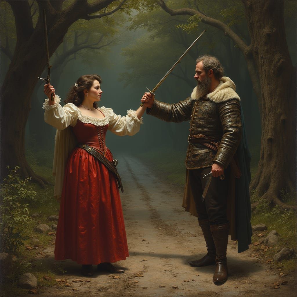 Fearless Highwaywoman Threatens George with Rapiers