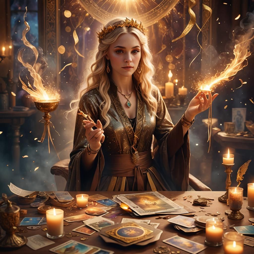 Mystical Tarot Reader with Phoenix Ribbon, Digital Art