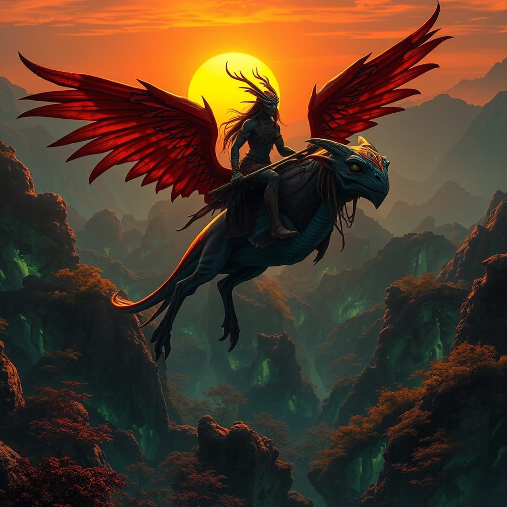 Na'vi Hunter Soars on Majestic Ikran in Ethereal Pandora Ski...