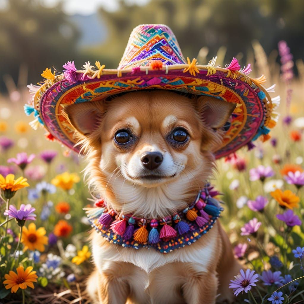 Cheerful Chihuahua in Sombrero, Colorful Wildflower Field