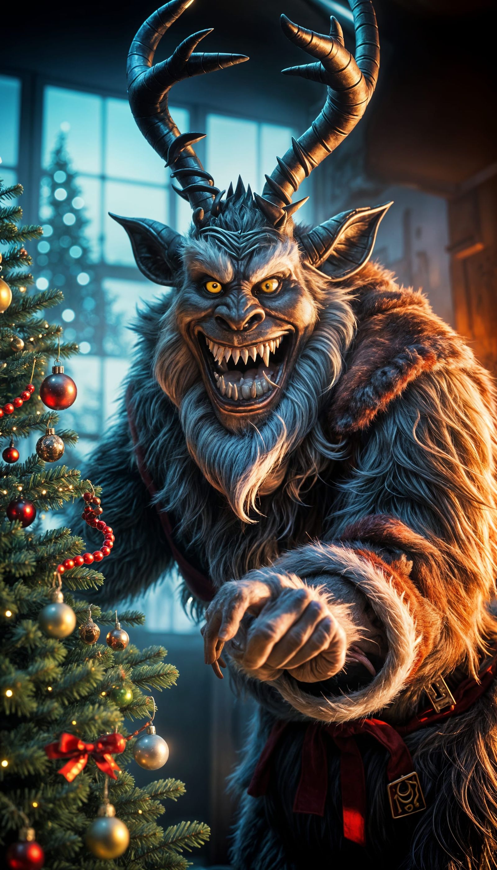 Krampus Sneaking Around Christmas Tree in Vibrant Digital Ar...