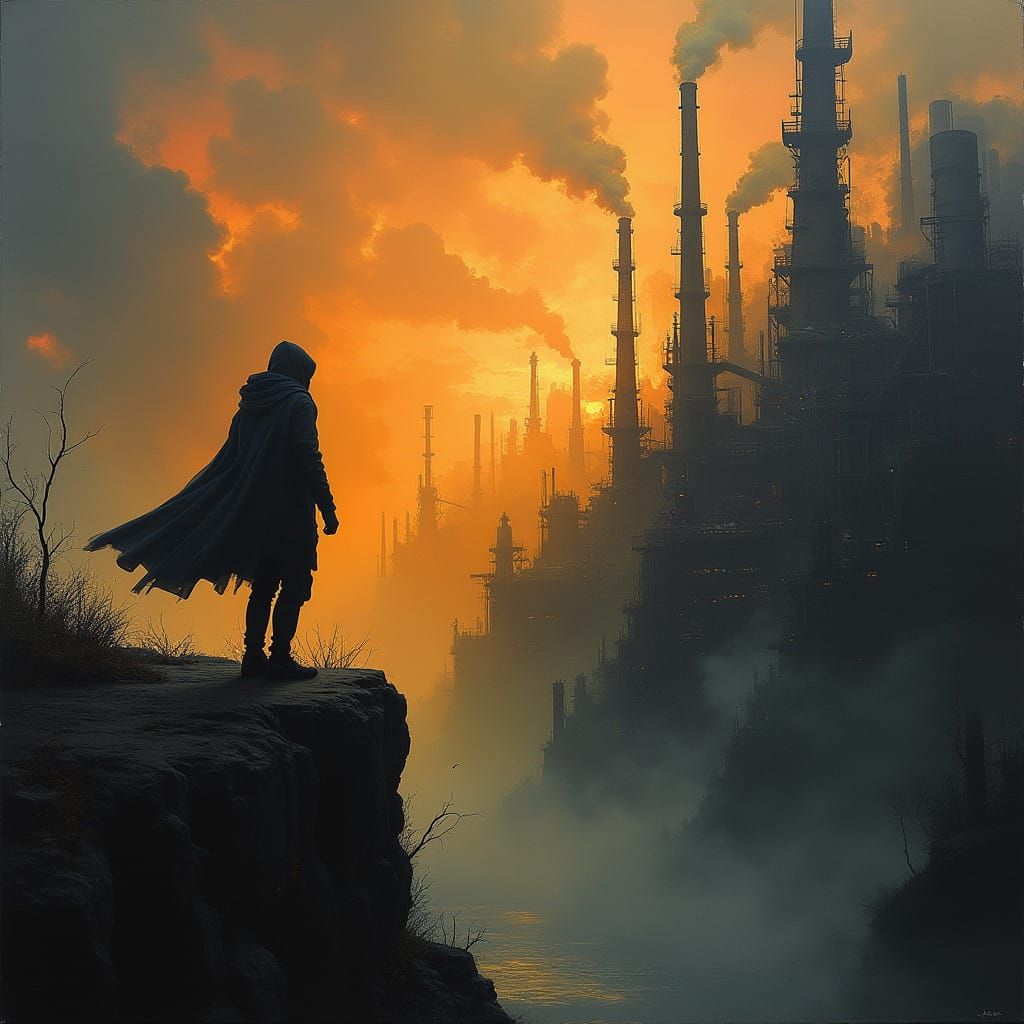 Gritty Dystopian Cityscape with Dark Silhouette and Industri...