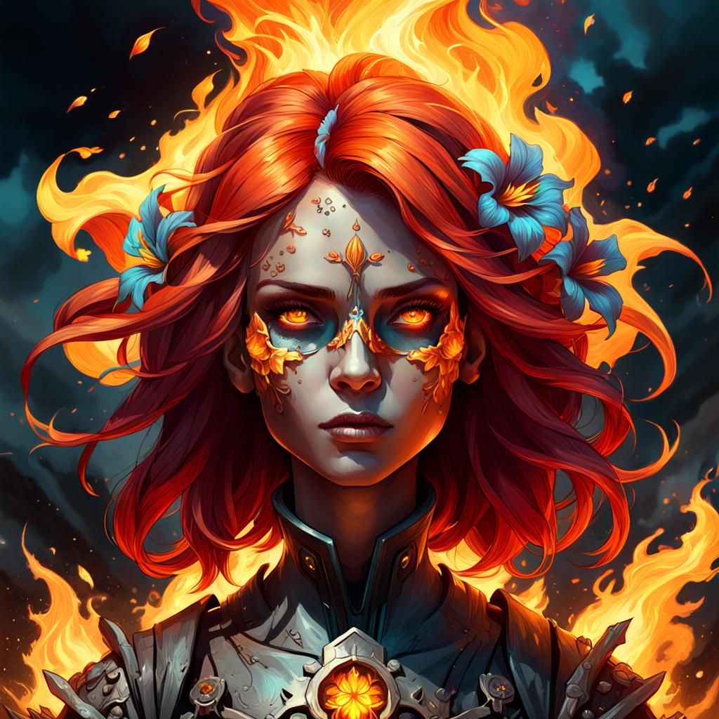 Fiery Haired Woman with Magic Flowers, Art Nouveau Style