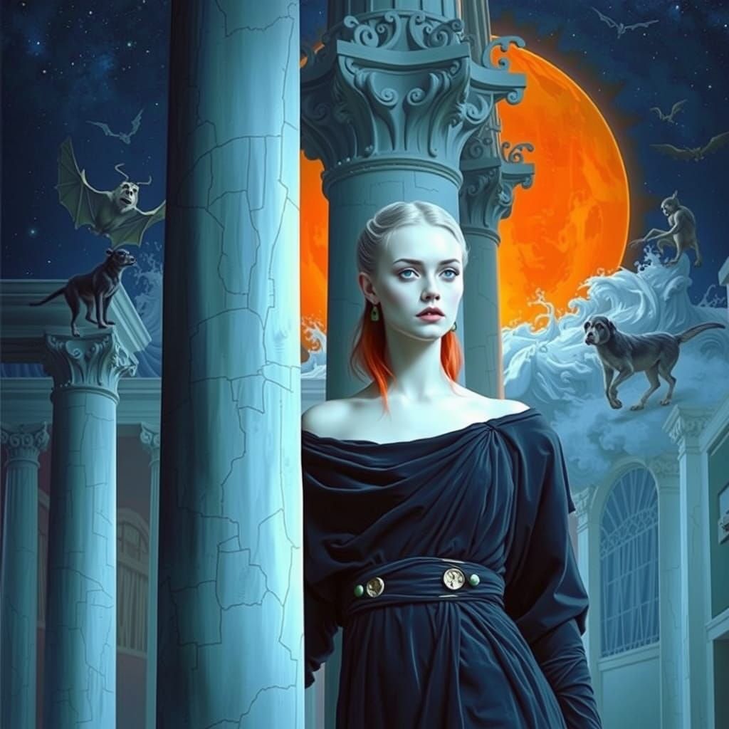 Goth Model in Greek Attire Amidst Giant Creatures and Surrea...