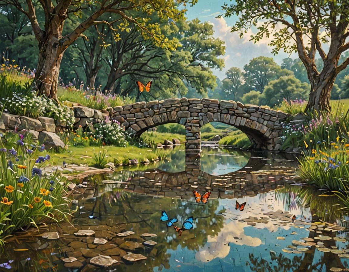 Medieval Stone Bridge Acrylic Painting with Floral Meadow