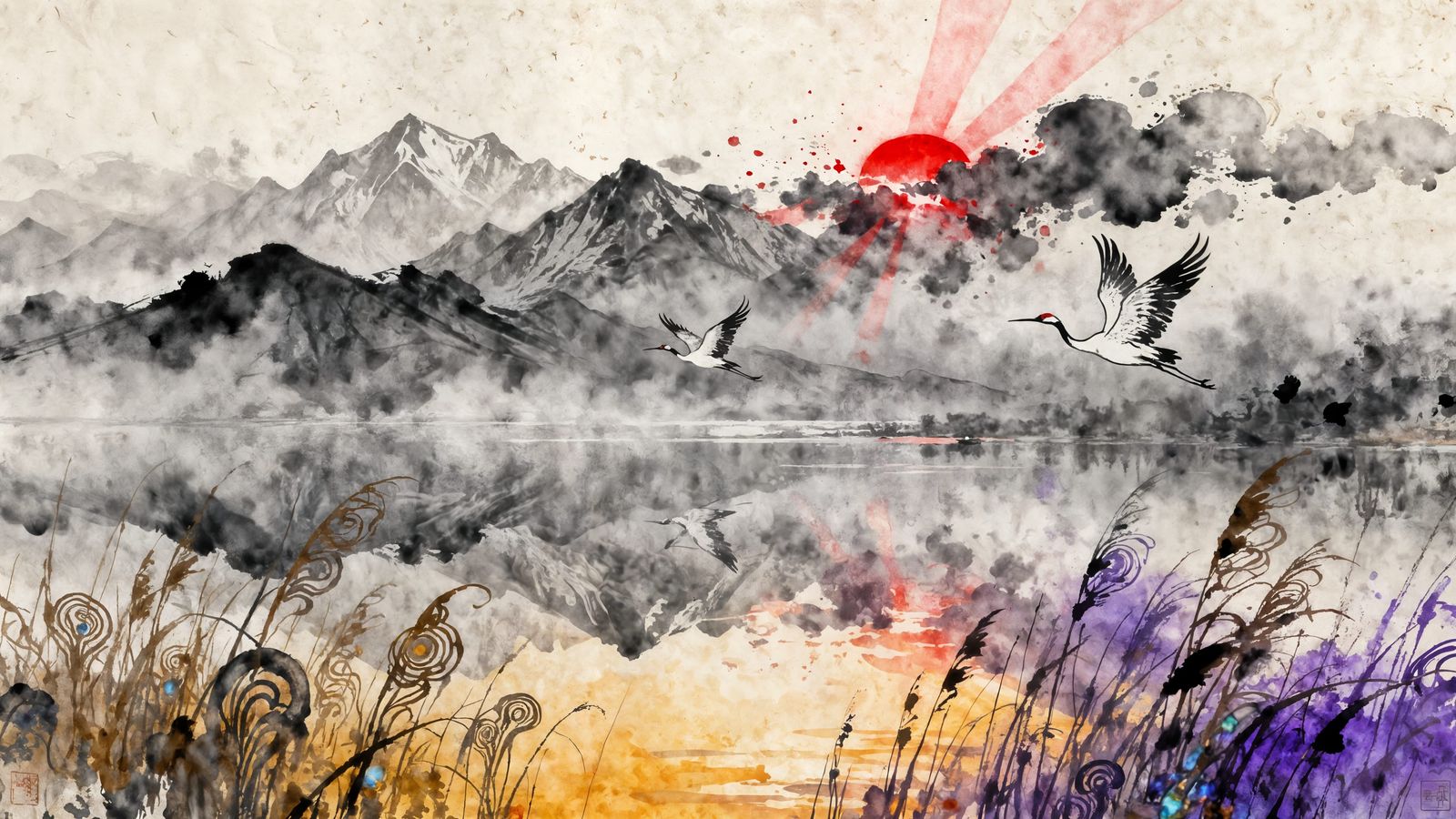 Misty Cranes by Karakoram Mountains, Chinese Ink Style