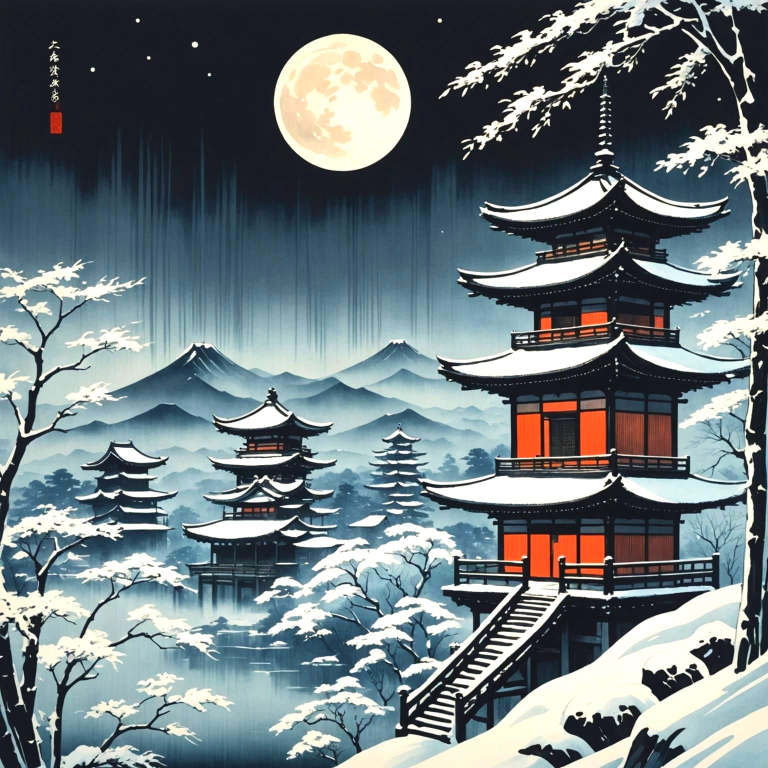 Ninja on Pagoda in Moonlit Winter Landscape as Sumi-e