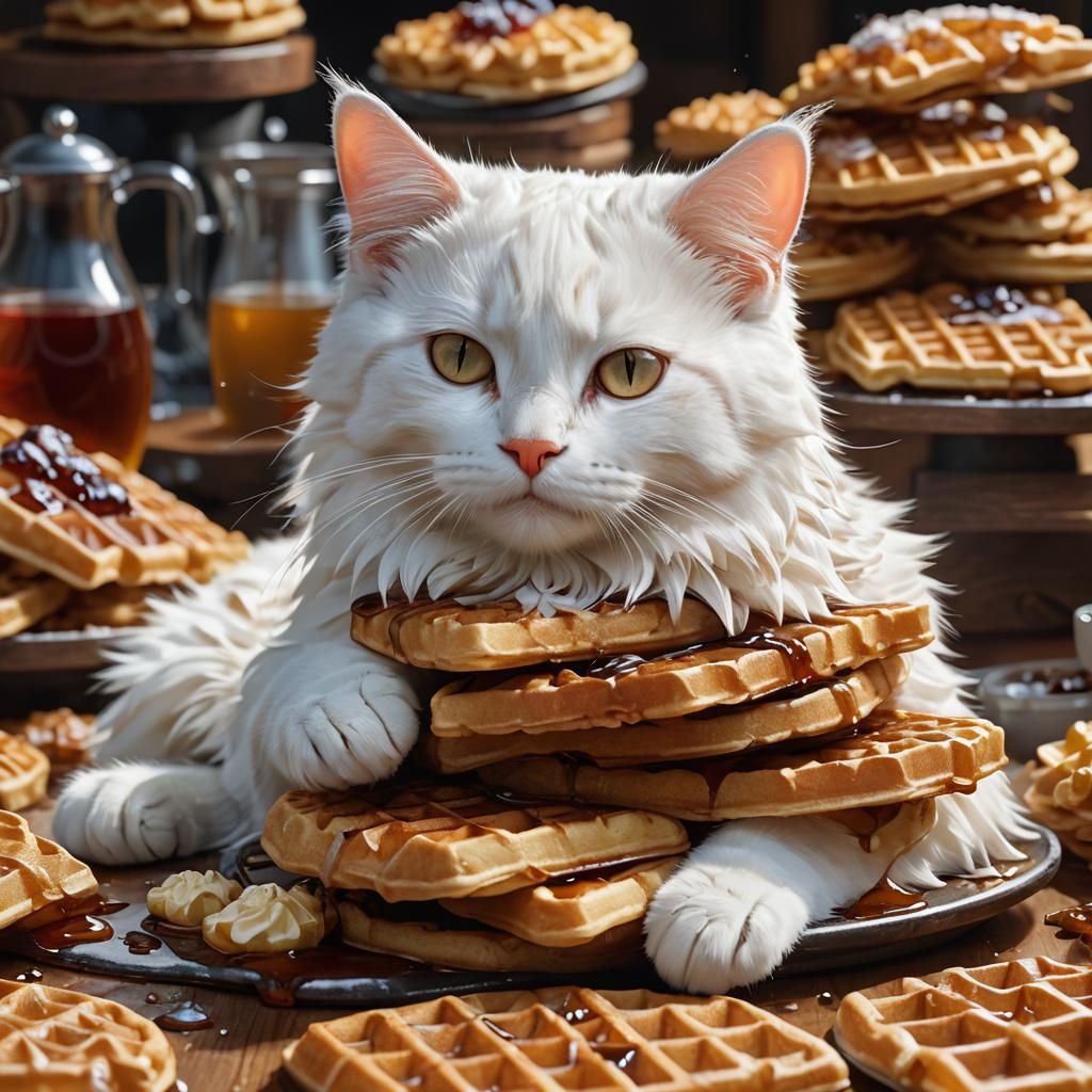 Cat Nap on Waffle Stack: Digital Art Portrait