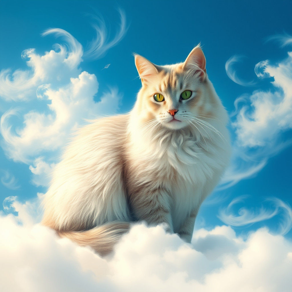 Surreal White Cat Sits on Cloudy Blue Sky