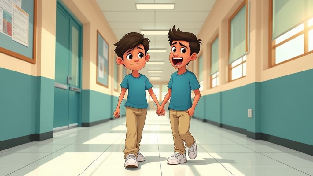 Cartoon School Hallway Scene in Pixar Style