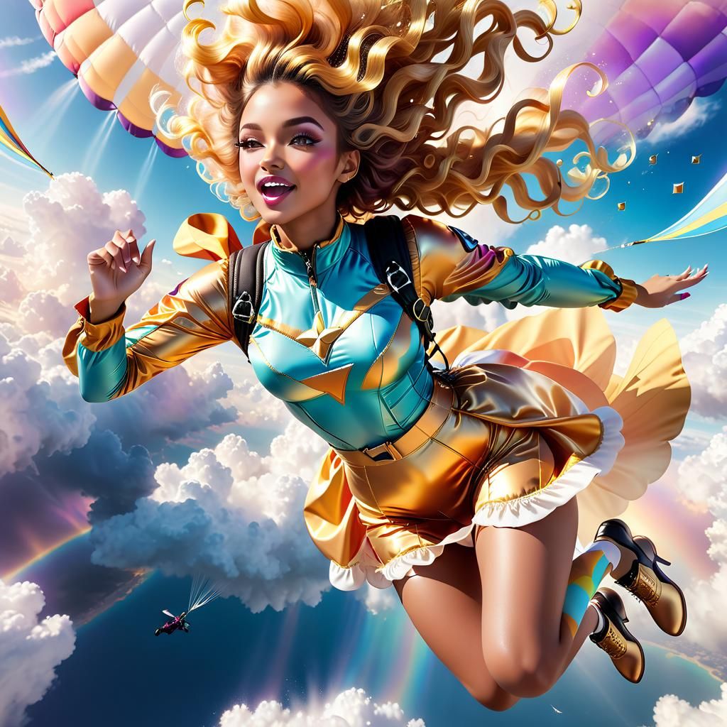 Skydiving Witchcore Woman in Pastel Colored Clouds