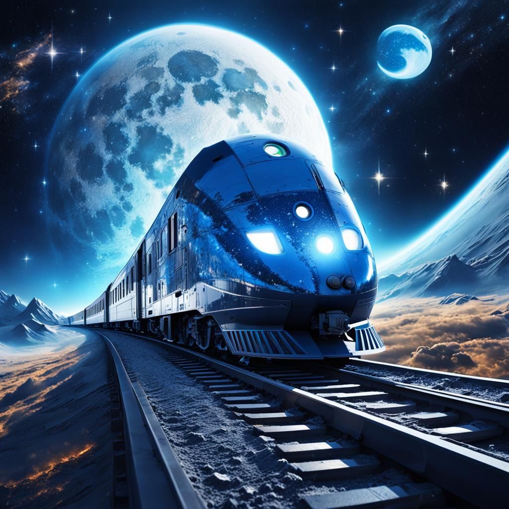 Train-Shaped Spaceship Soaring Through Cosmic Fantasy