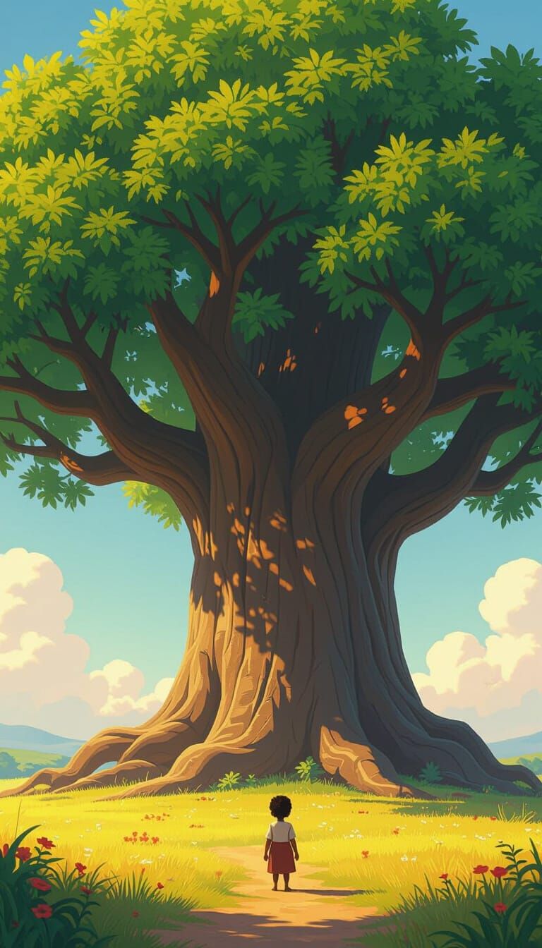 Villager and Gigantic Tree in Disney Pixar Style