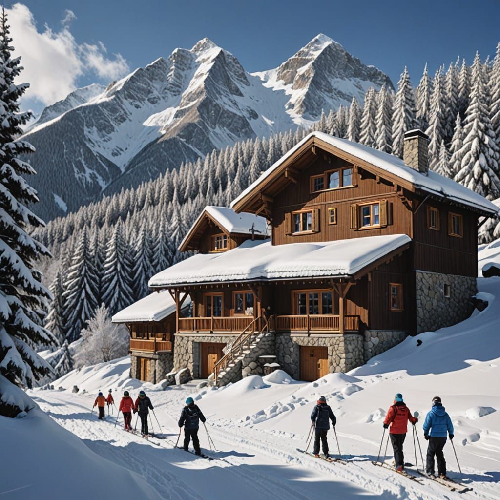 Winter Chalet Scene with Skiers