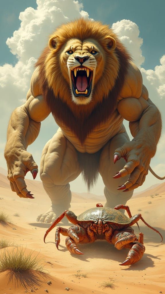 Regal Lion Stands Tall Against Gargantuan Crab in the Desert