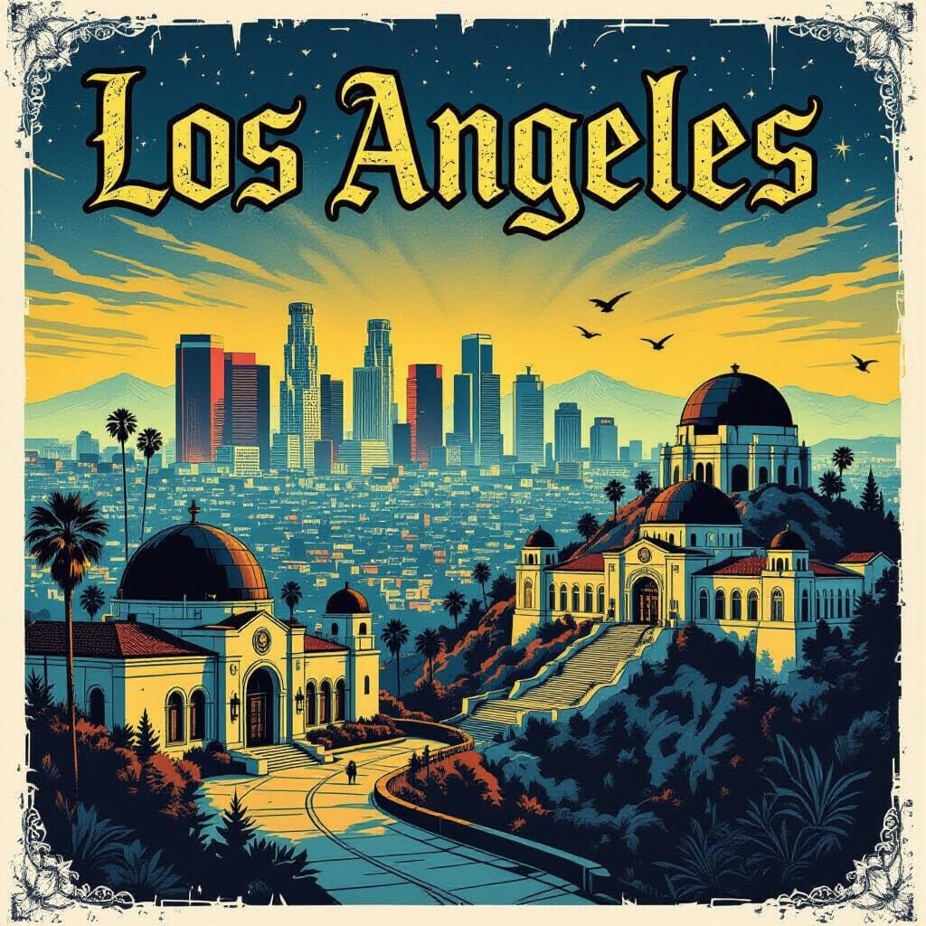 Los Angeles Drawn in Illuminati Card Game Style