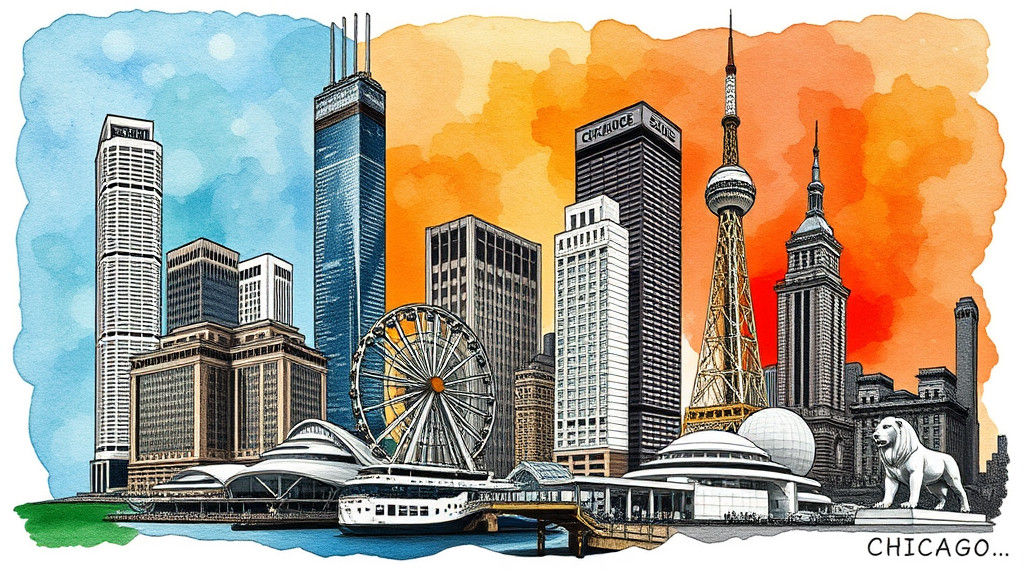 Chicago Landmarks Collage in Alcohol Ink Style