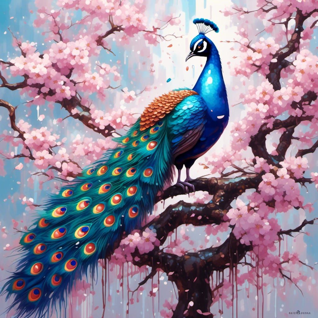 Peacock with Cherry Blossoms in Graffiti Art Style