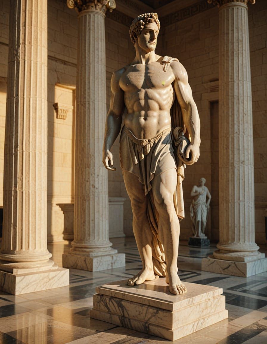 Greek Hero Marble Statue in Golden Light