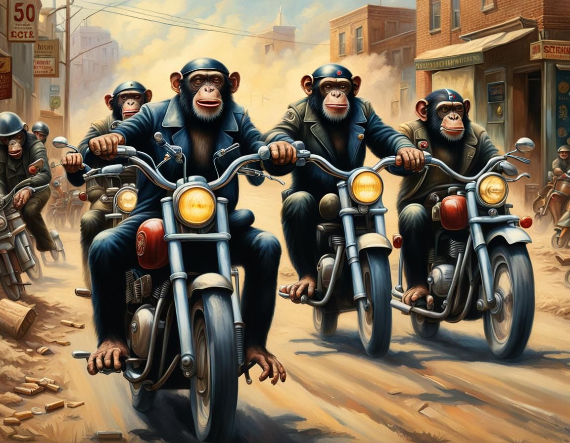 Chimpanzee Motorcycle Gang in Hyperrealistic Style
