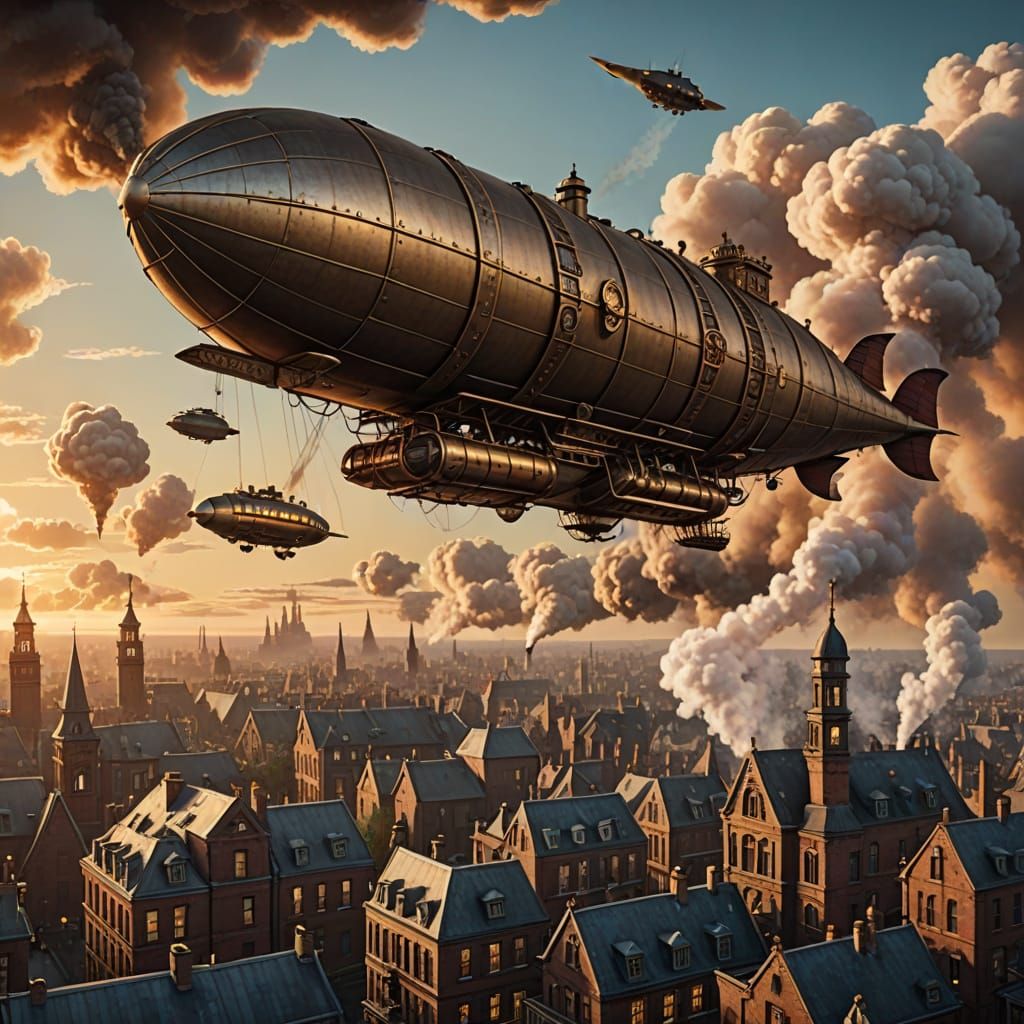 Victorian Steampunk Zeppelin Soars Over Industrial Metropoli...