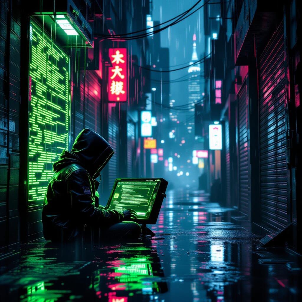 Cyberpunk Hacker Working in Neon-Lit Alley