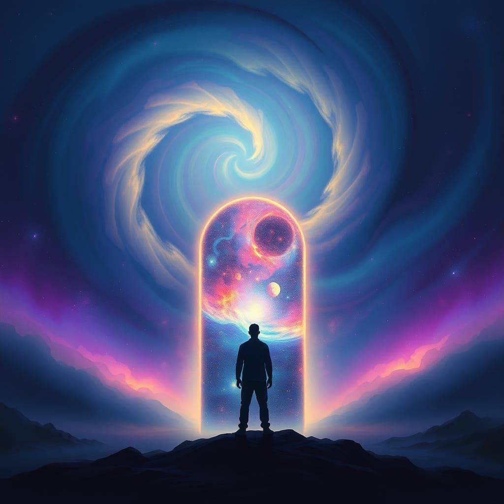 Figure Gazes Into Cosmic Soul Portal, Surreal Digital Art