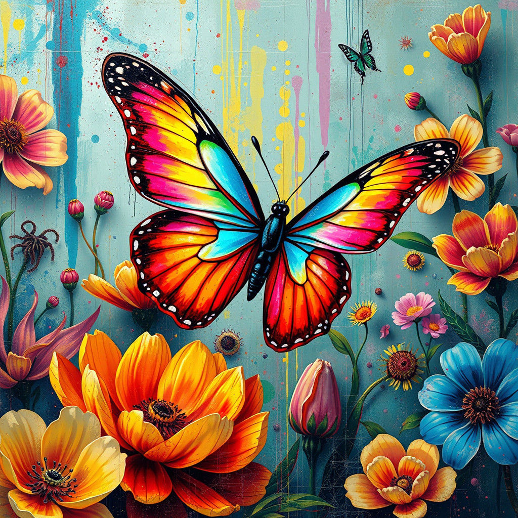 Iridescent Butterfly in a Surreal Street Art Garden