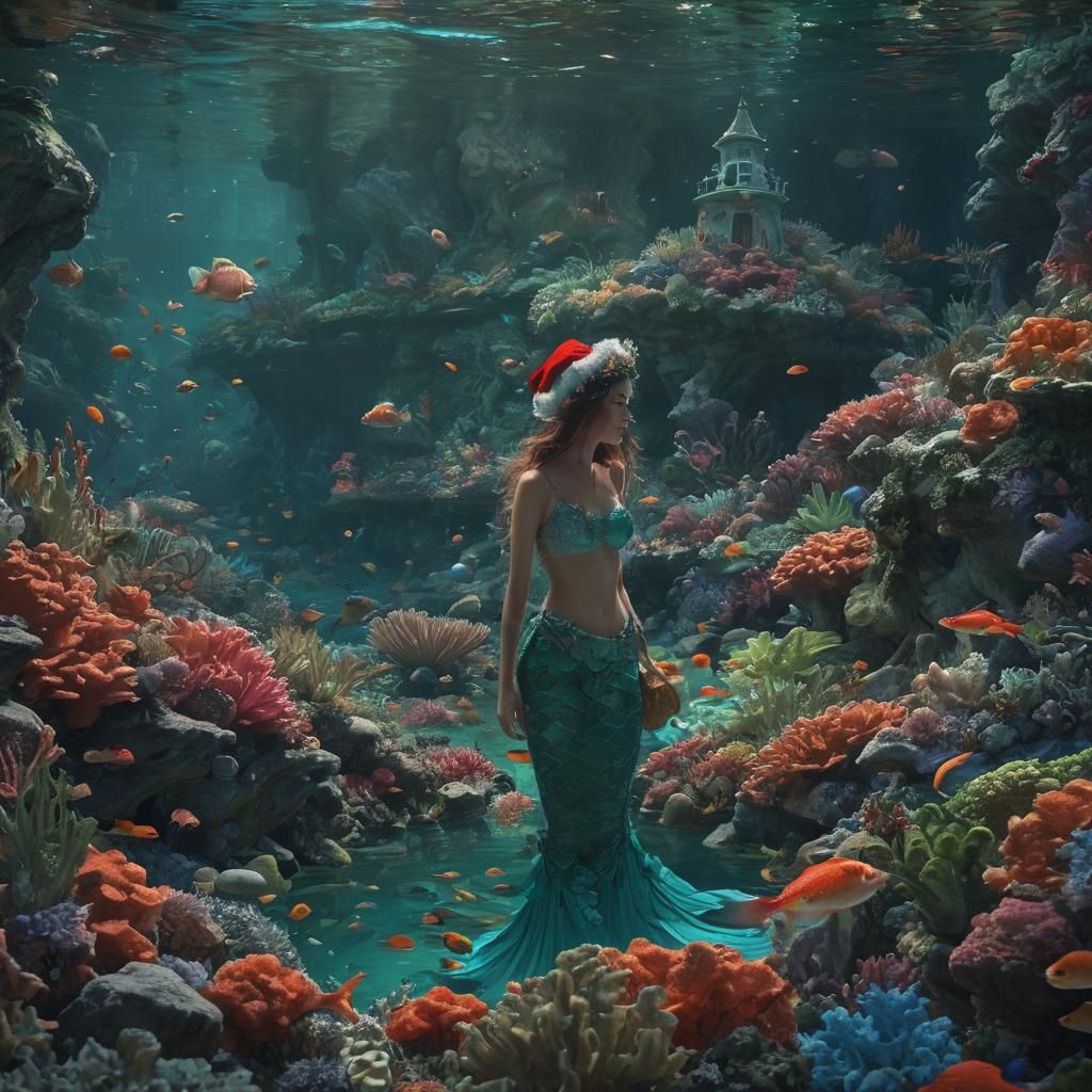 Festive Mermaid in Underwater Christmas Cove