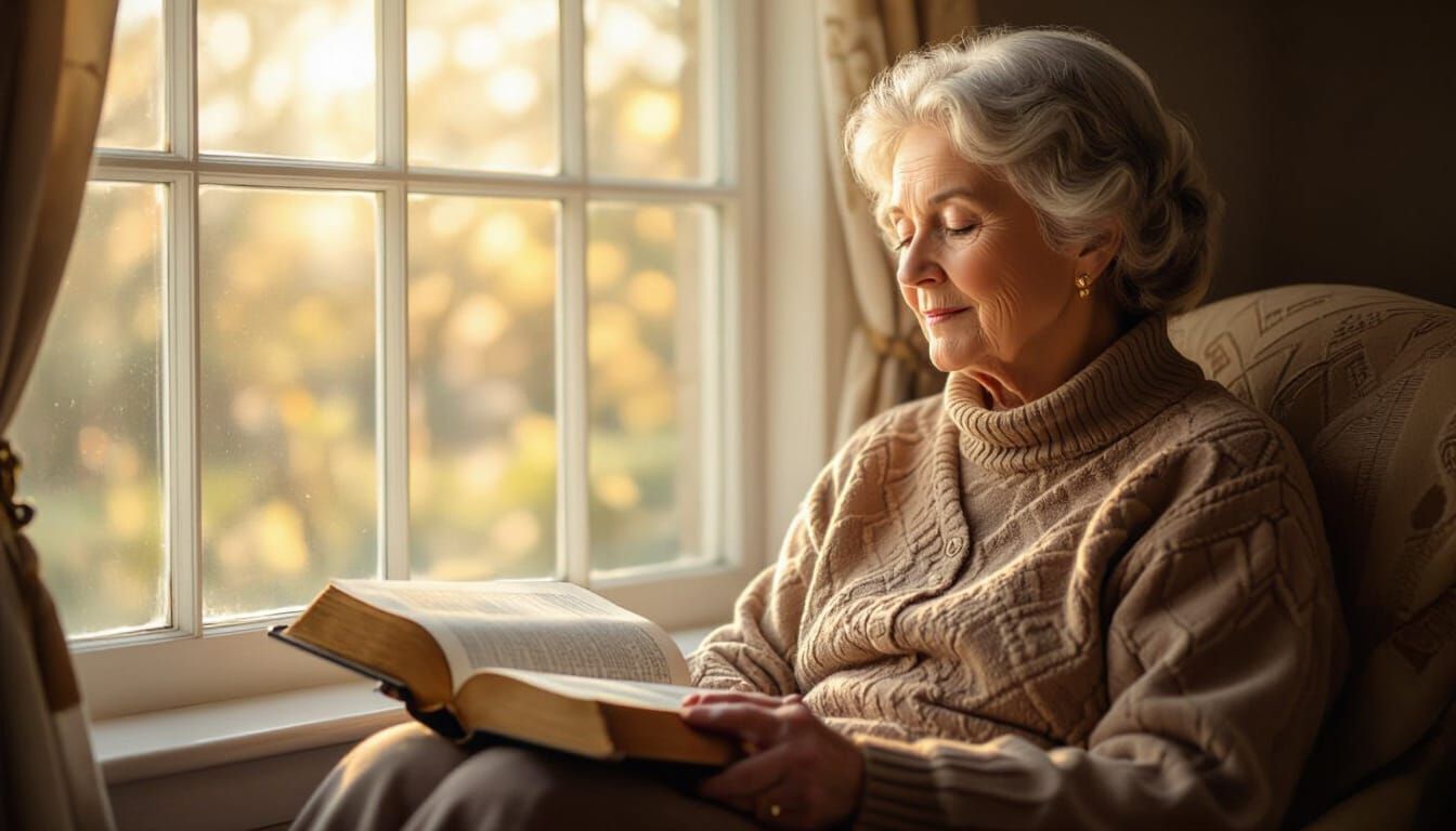 Serene Elderly Woman Reading Bible in Golden Light