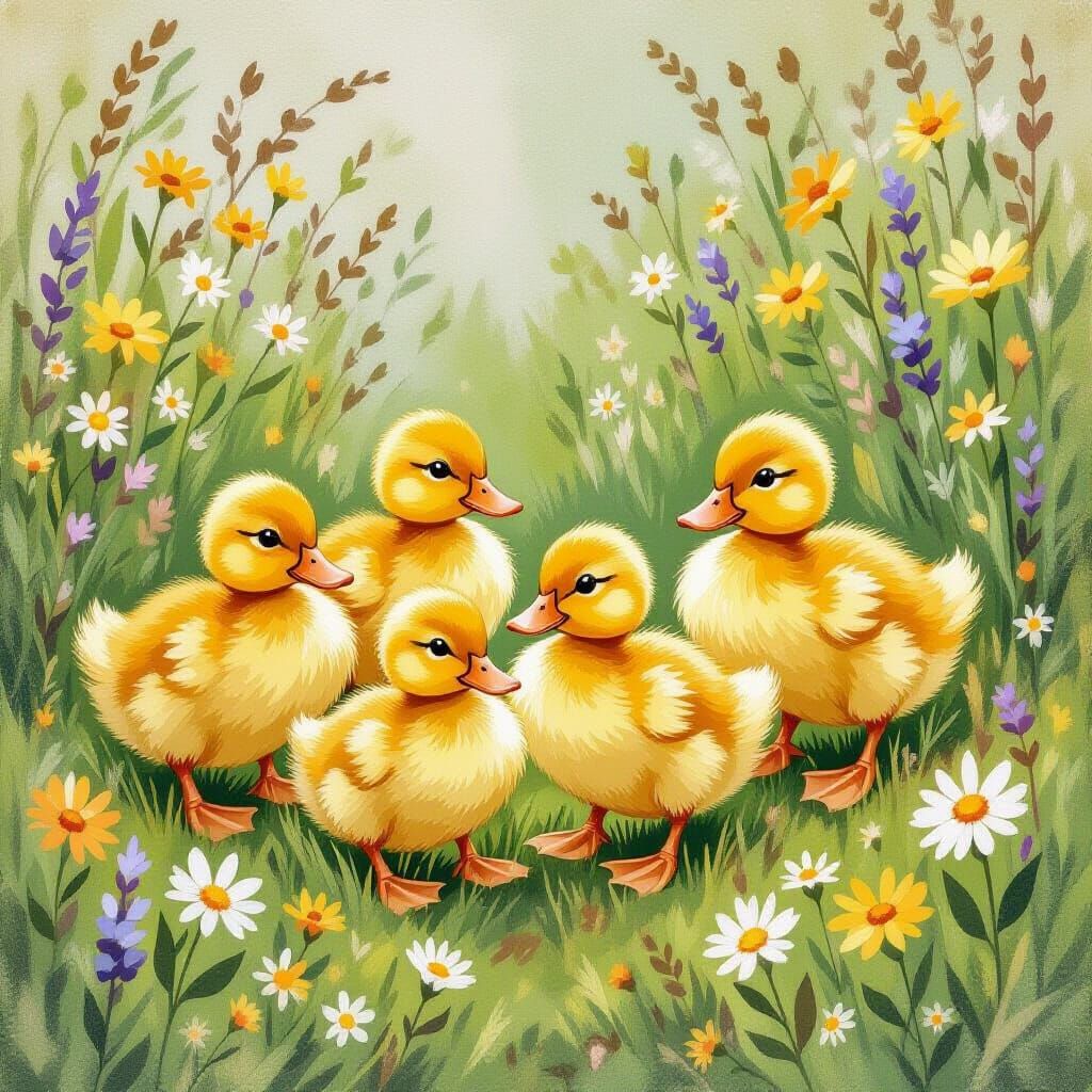 Adorable Ducklings in a Storybook Landscape