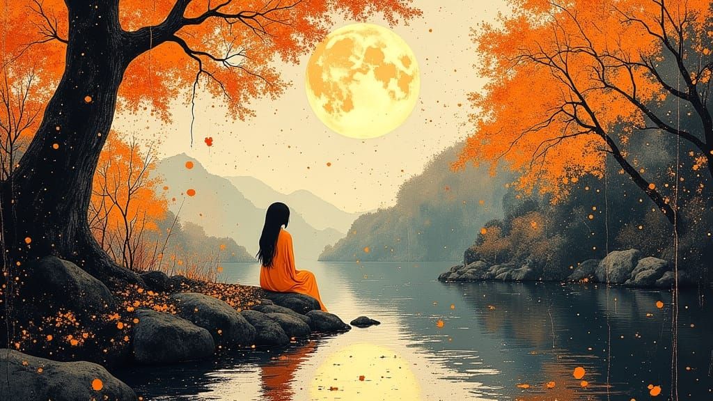 Kyoto Autumn Garden with Moonlit Woman