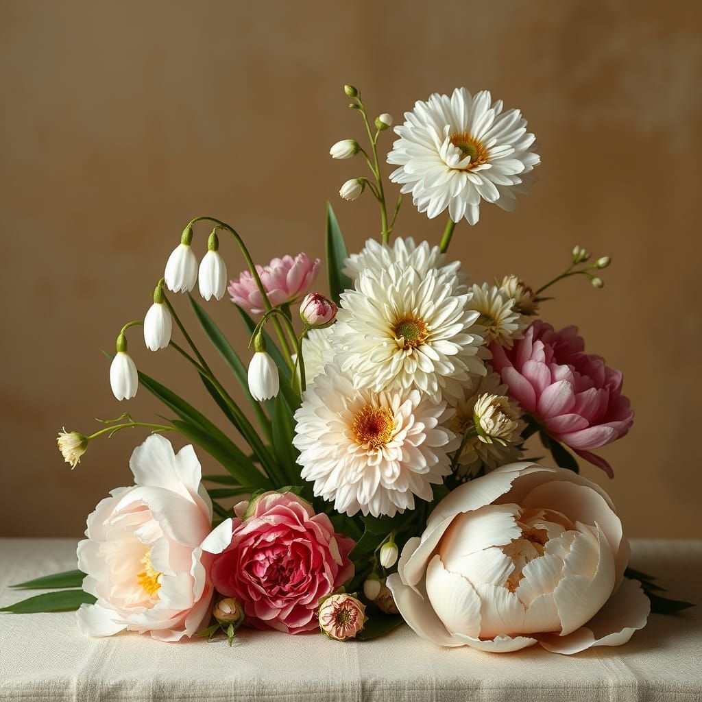 Soft Focus Dutch Master Floral Still Life with Snowdrops and...